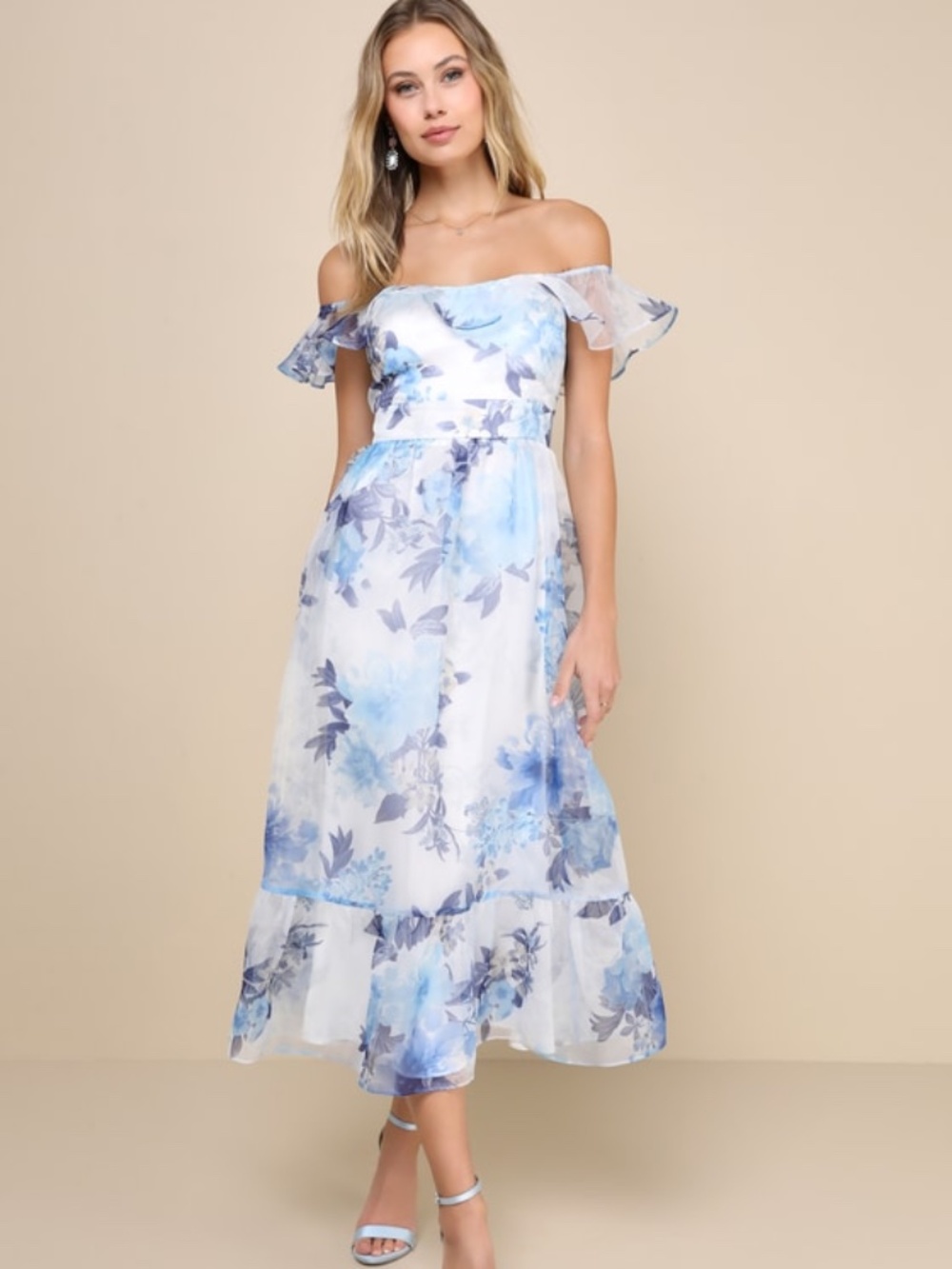 NEVER WORN - Lulus Sweet Composure Floral Organza Off-the-shoulder Midi Dress